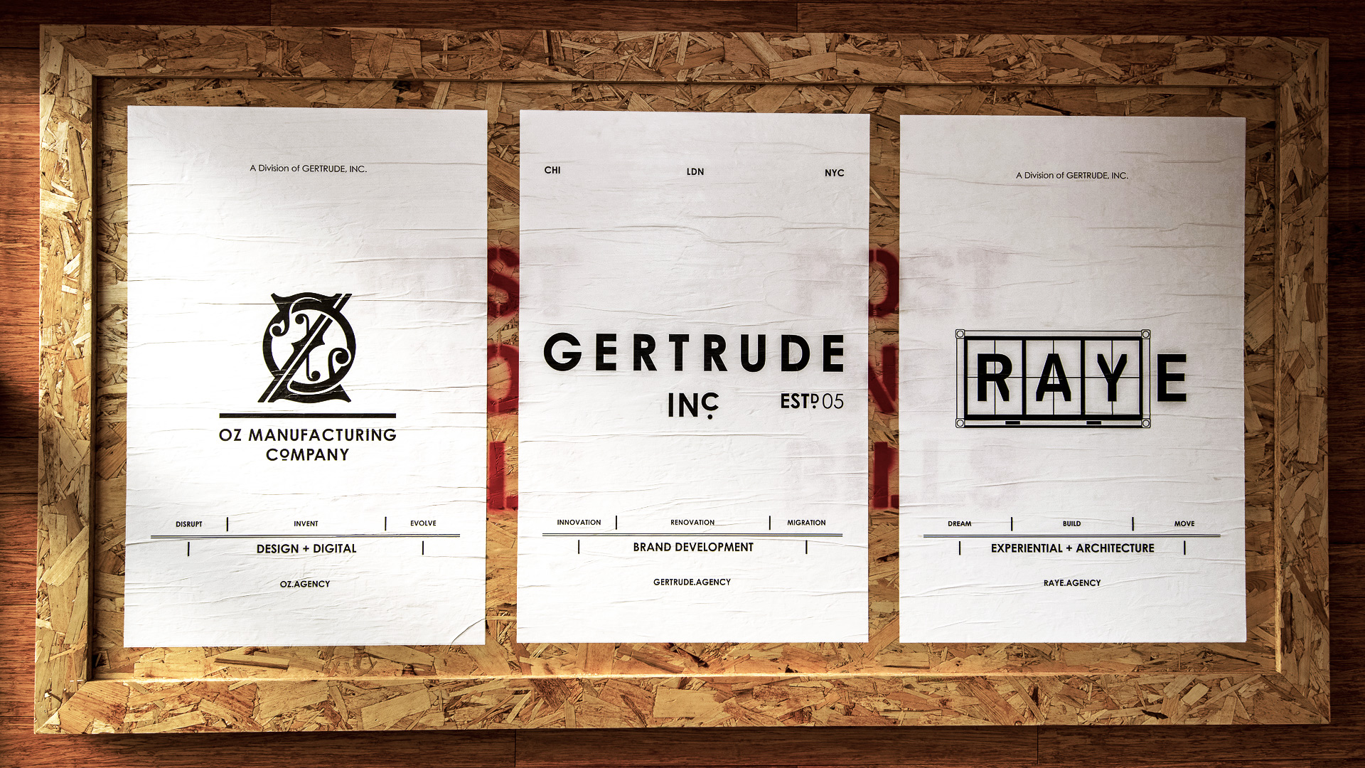 Gertrude, Inc. Oz Mfg. Company Raye Agency Office Branding Posters