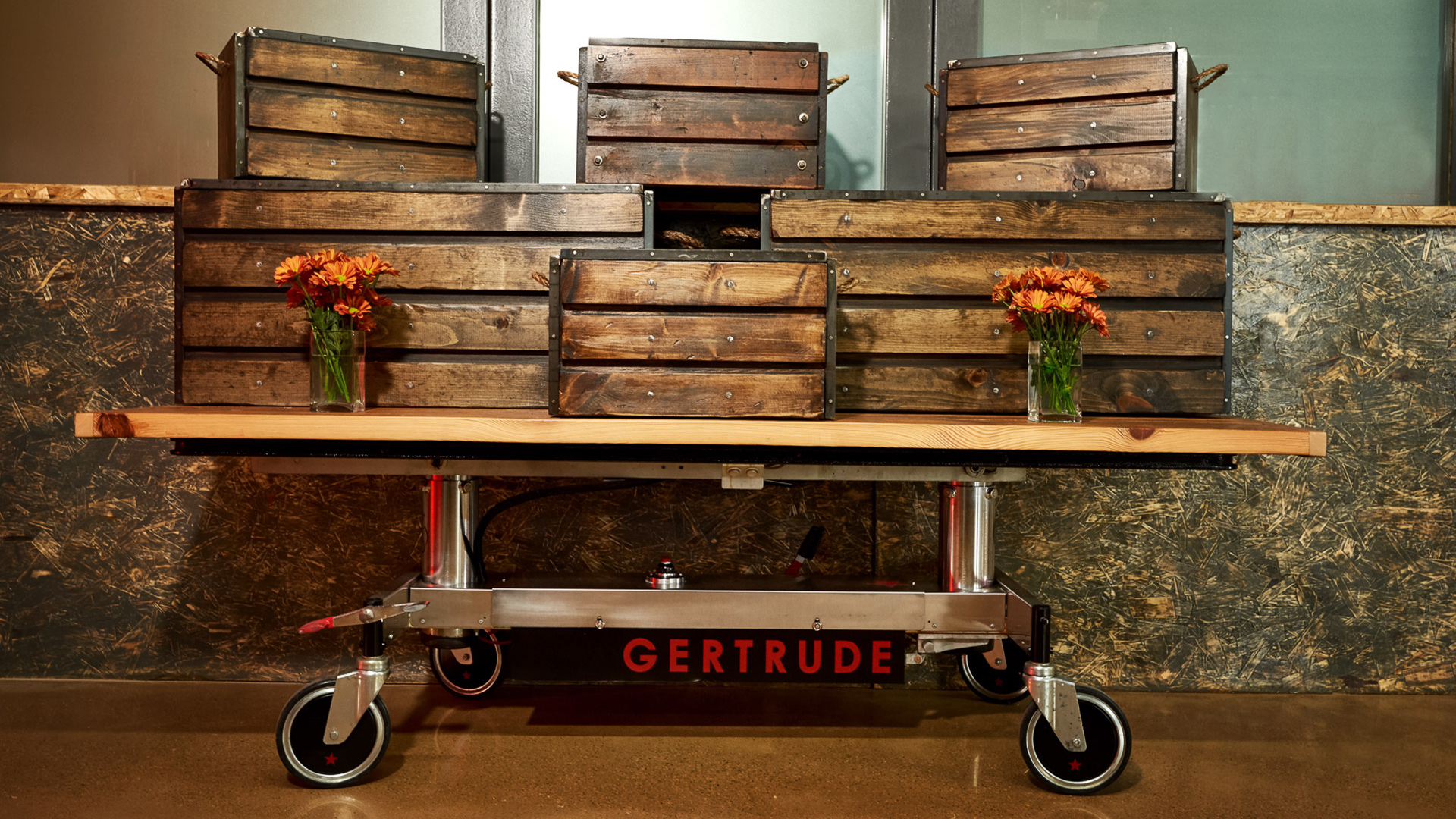 Gertrude, Inc. Reclaimed Branded Gurney with Handmade Crates Display